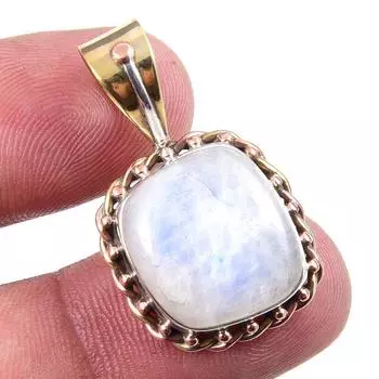 Natural Rainbow Moonstone Gemstone 925 Solid Silver Two Tone Pendant 1.25 C8b31