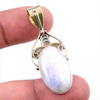 Natural Rainbow Moonstone Gemstone 925 Solid Silver Two Tone Pendant 1.75 V4L78
