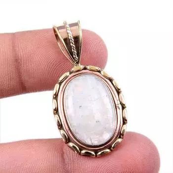 Natural Rainbow Moonstone Gemstone 925 Solid Silver Two Tone Pendant 1.5 J5s07