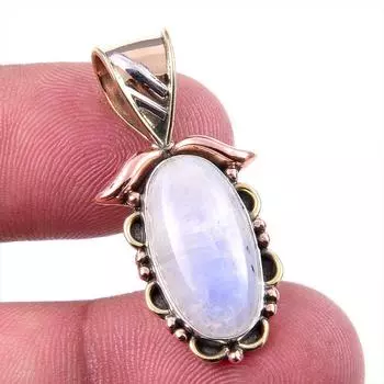 Natural Rainbow Moonstone Gemstone 925 Solid Silver Two Tone Pendant 1.25 J1g97