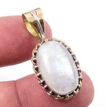Natural Rainbow Moonstone Gemstone 925 Solid Silver Two Tone Pendant 1.25 B9h99