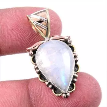 Natural Rainbow Moonstone Gemstone 925 Solid Silver Two Tone Pendant 1.25 L5i77