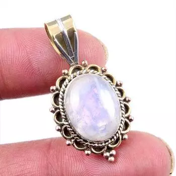 Natural Rainbow Moonstone Gemstone 925 Solid Silver Two Tone Pendant 1.5 n0W66