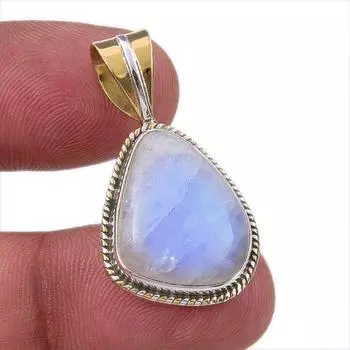 Natural Rainbow Moonstone Gemstone 925 Solid Silver Two Tone Pendant 1.25 z3r33