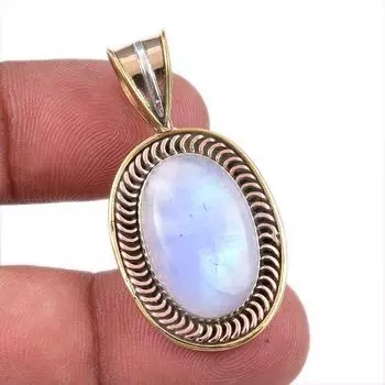 Natural Rainbow Moonstone Gemstone 925 Solid Silver Two Tone Pendant 1.50 F3k33