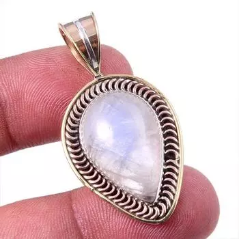 Natural Rainbow Moonstone Gemstone 925 Solid Silver Two Tone Pendant 1.50 c1i18
