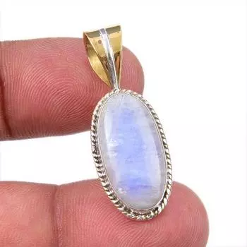 Natural Rainbow Moonstone Gemstone 925 Solid Silver Two Tone Pendant 1.50 h8o07