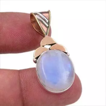 Natural Rainbow Moonstone Gemstone 925 Solid Silver Two Tone Pendant 1.50 M0R11