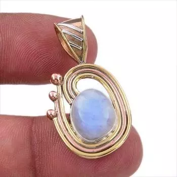 Natural Rainbow Moonstone Gemstone 925 Solid Silver Two Tone Pendant 1.50 E5W80