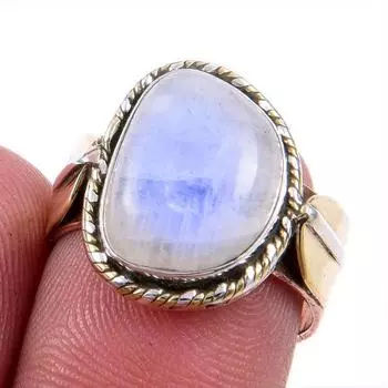 Natural Rainbow Moonstone Gemstone 925 Solid Silver Two Tone Ring Size 7US I4Z93