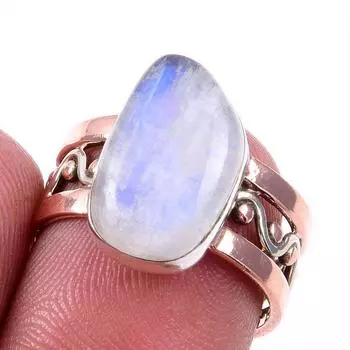 Natural Rainbow Moonstone Gemstone 925 Solid Silver Two Tone Ring Size 7US z7m92