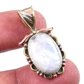 Natural Rainbow Moonstone Gemstone 925 Solid Silver Two Tone Pendant 1.25 O9f11
