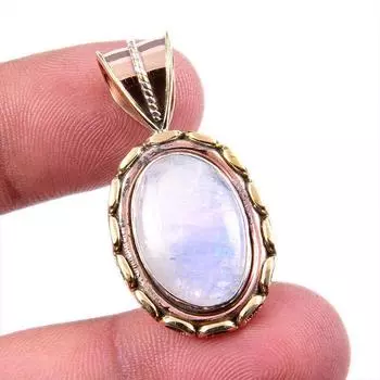 Natural Rainbow Moonstone Gemstone 925 Solid Silver Two Tone Pendant 1.5 i9n14
