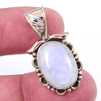 Natural Rainbow Moonstone Gemstone 925 Solid Silver Two Tone Pendant 1.25 n0K16