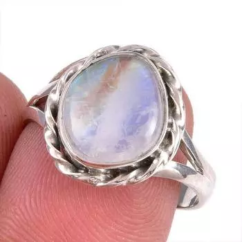 Natural Rainbow Moonstone Gemstone 925 Solid Silver Jewelry Ring Size 7.5 R1R80