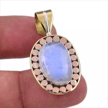 Natural Rainbow Moonstone Gemstone 925 Solid Silver Two Tone Pendant 1.50 q0v30