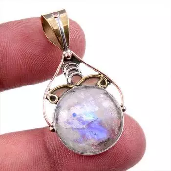 Natural Rainbow Moonstone Gemstone 925 Solid Silver Two Tone Pendant 1.75 g7u51
