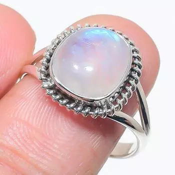 Natural Rainbow Moonstone Gemstone 925 Solid Silver Jewelry Ring Size 10 h5v74