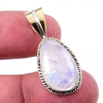 Natural Rainbow Moonstone Gemstone 925 Solid Silver Two Tone Pendant 1.25 f2k93