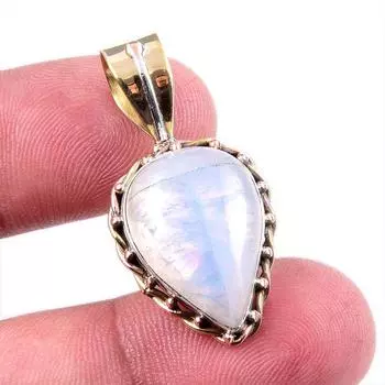 Natural Rainbow Moonstone Gemstone 925 Solid Silver Two Tone Pendant 1.5 C3z21
