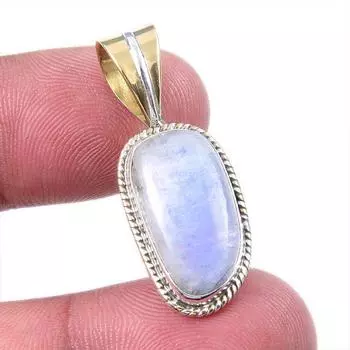 Natural Rainbow Moonstone Gemstone 925 Solid Silver Two Tone Pendant 1.25 B6e80