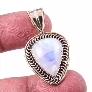 Natural Rainbow Moonstone Gemstone 925 Solid Silver Two Tone Pendant 1.50 V0i04
