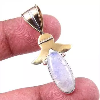 Natural Rainbow Moonstone Gemstone 925 Solid Silver Two Tone Pendant 1.75 a9n15