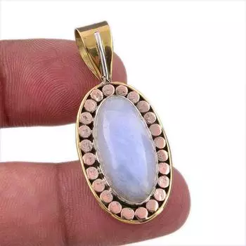 Natural Rainbow Moonstone Gemstone 925 Solid Silver Two Tone Pendant 1.50 S2S05