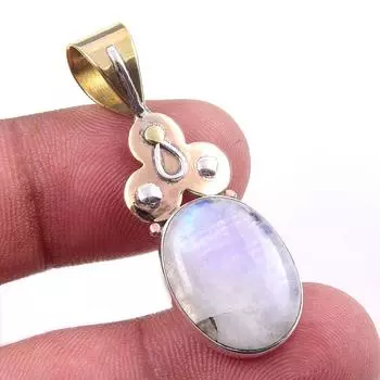 Natural Rainbow Moonstone Gemstone 925 Solid Silver Two Tone Pendant 1.50 C9r17