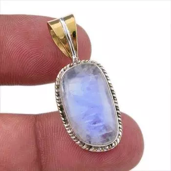 Natural Rainbow Moonstone Gemstone 925 Solid Silver Two Tone Pendant 1.25 q9W43