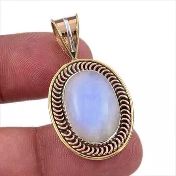 Natural Rainbow Moonstone Gemstone 925 Solid Silver Two Tone Pendant 1.50 m3F65
