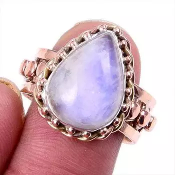 Natural Rainbow Moonstone Gemstone 925 Solid Silver Two Tone Ring Size 9US P8q71