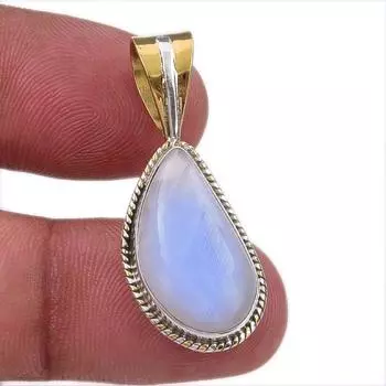 Natural Rainbow Moonstone Gemstone 925 Solid Silver Two Tone Pendant 1.25 h2a03