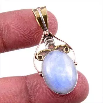 Natural Rainbow Moonstone Gemstone 925 Solid Silver Two Tone Pendant 1.75 R5G04