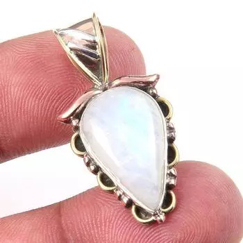 Natural Rainbow Moonstone Gemstone 925 Solid Silver Two Tone Pendant 1.25 n5k72