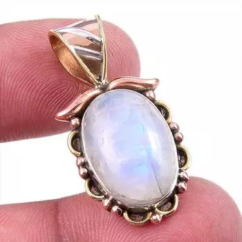Natural Rainbow Moonstone Gemstone 925 Solid Silver Two Tone Pendant 1.25 z3A41