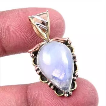 Natural Rainbow Moonstone Gemstone 925 Solid Silver Two Tone Pendant 1.25 D7p93