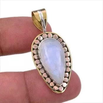 Natural Rainbow Moonstone Gemstone 925 Solid Silver Two Tone Pendant 1.50 j7U90