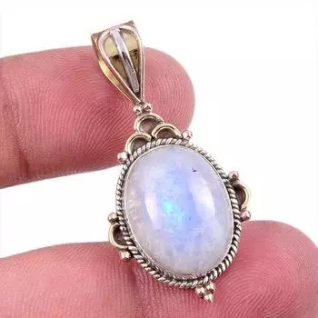 Natural Rainbow Moonstone Gemstone 925 Solid Silver Two Tone Pendant 1.50 I8p15