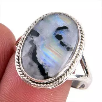Natural Rainbow Moonstone Gemstone 925 Solid Silver Jewelry Ring Size 9.5 o2b69