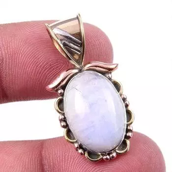 Natural Rainbow Moonstone Gemstone 925 Solid Silver Two Tone Pendant 1.25 u6Y31