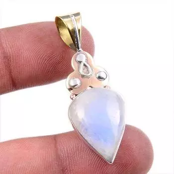 Natural Rainbow Moonstone Gemstone 925 Solid Silver Two Tone Pendant 1.75 S9z45