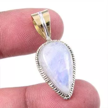Natural Rainbow Moonstone Gemstone 925 Solid Silver Two Tone Pendant 1.25 J4F80