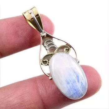 Natural Rainbow Moonstone Gemstone 925 Solid Silver Two Tone Pendant 1.75 i8W79