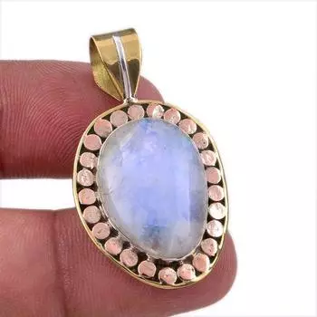 Natural Rainbow Moonstone Gemstone 925 Solid Silver Two Tone Pendant 1.50 q2p46