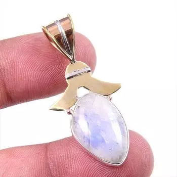 Natural Rainbow Moonstone Gemstone 925 Solid Silver Two Tone Pendant 1.75 w0H37