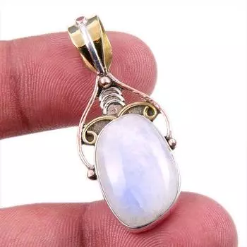 Natural Rainbow Moonstone Gemstone 925 Solid Silver Two Tone Pendant 1.5 N8L30