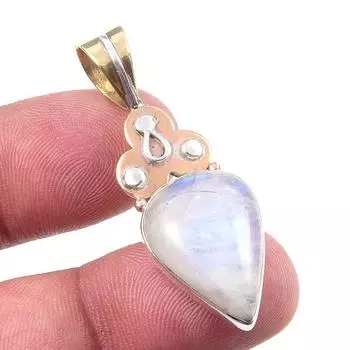 Natural Rainbow Moonstone Gemstone 925 Solid Silver Two Tone Pendant 1.75 Y9d79