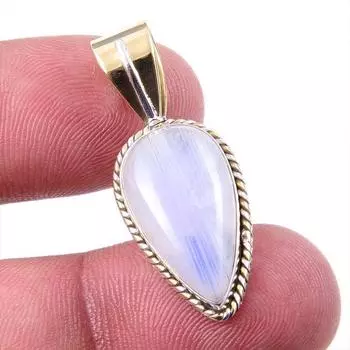 Natural Rainbow Moonstone Gemstone 925 Solid Silver Two Tone Pendant 1.25 t1G37