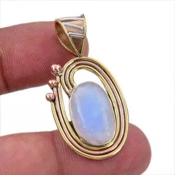 Natural Rainbow Moonstone Gemstone 925 Solid Silver Two Tone Pendant 1.50 o1S43